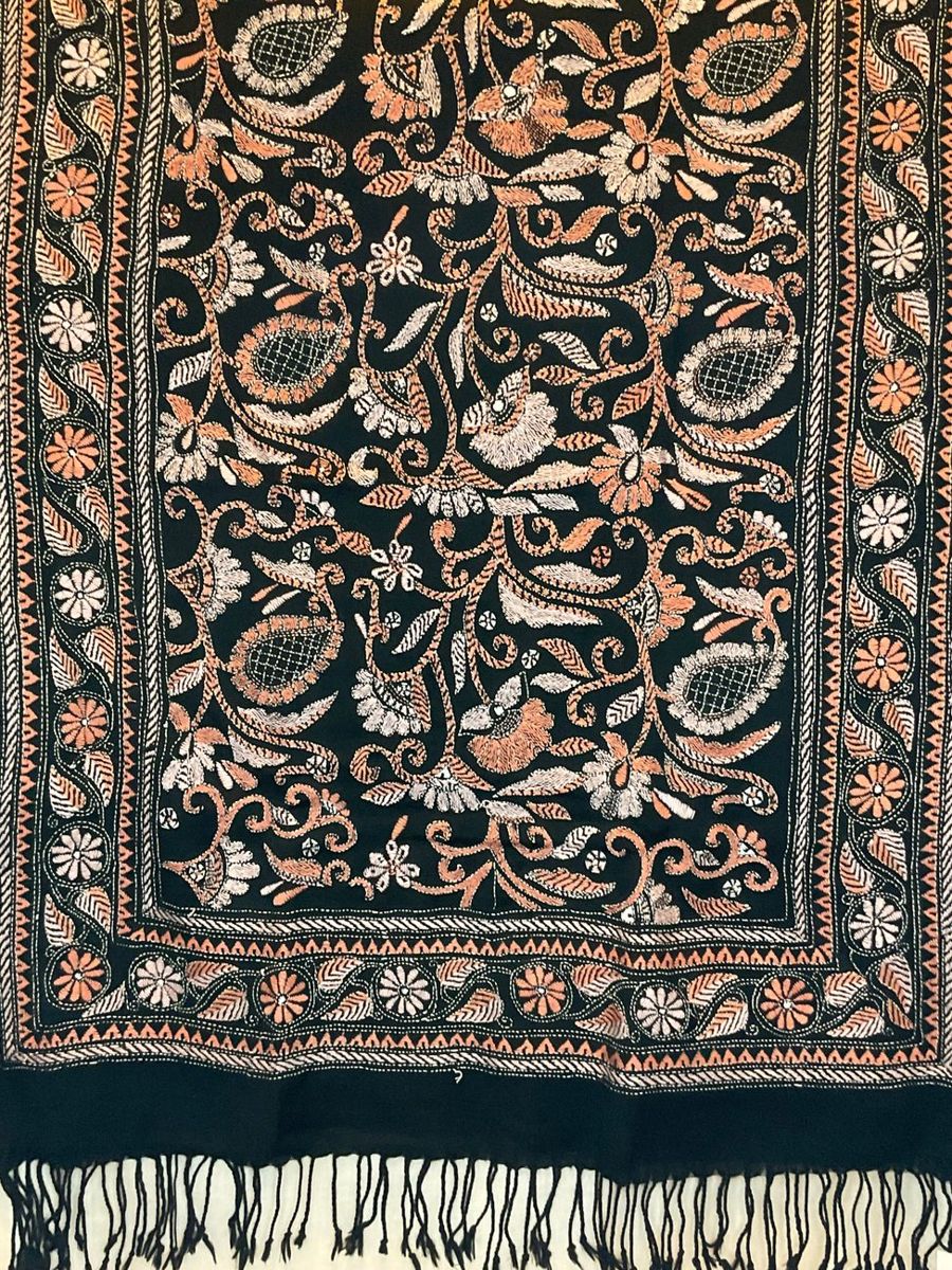 Black Kantha shawl densely embroidered in copper and cream