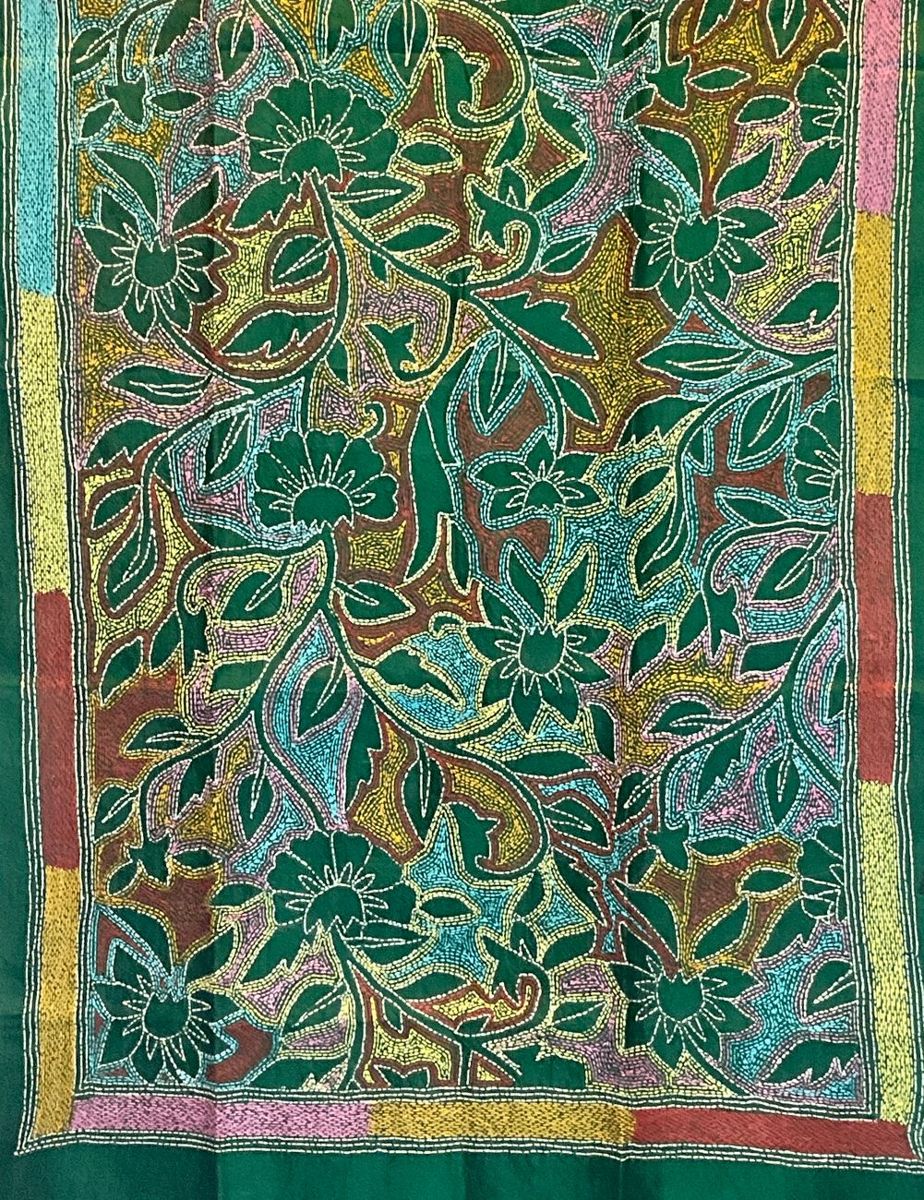 Kantha stole, green with multicolour