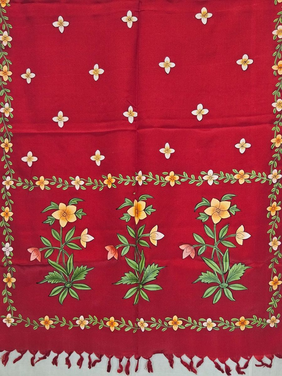 Red Padshanama stole with embroidered floral border