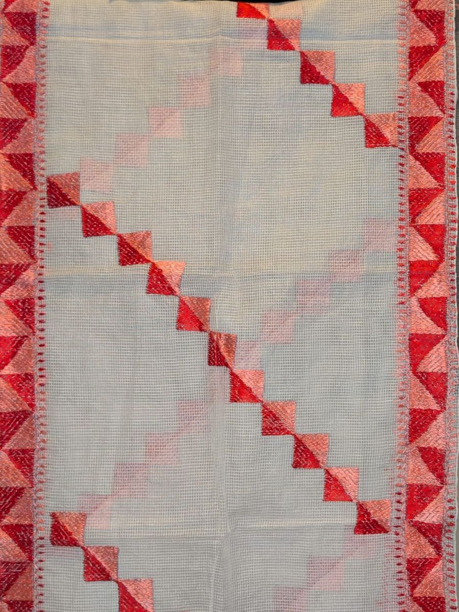 Phulkari stole, white with pink and red